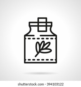 Glass jar with herb branch and with cork. Pharmacy theme. Herbal tincture. Single black line design vector icon. Element for web design, mobile and business.