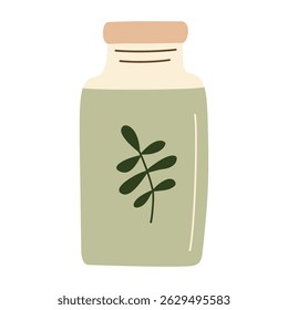 Glass jar with herbal leaves, organic natural product packaging, eco-friendly storage container, minimalistic botanical design, sustainable lifestyle, zero waste concept, vector illustration, flat