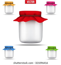 Glass Jar for home canning and preserving. With cloth lid. Vector Isolated on white background.