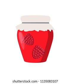 Glass jar with home cooking raspberry jam preserve with decorated lid vector illustration. Traditional cuisine color cartoon image isolated on white.