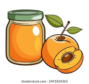 Glass jar with homemade apricot jam. Cartoon style vector illustration.
