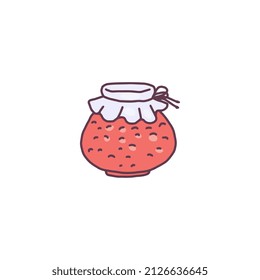 Glass jar of homemade jam or marmalade with fabric lid, doodle vector illustration isolated on white background. Hand drawn icon of preserved sweet food and fruits.