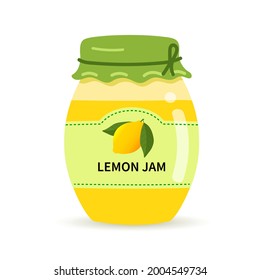 Glass jar with homemade Lemon jam. Label with Lemon on a jar of confiture. Vector illustration isolated on white background.