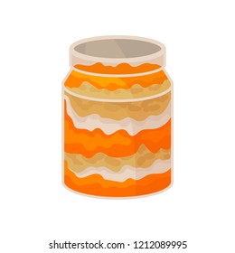 Glass jar with homemade pumpkin dessert vector Illustration on a white background