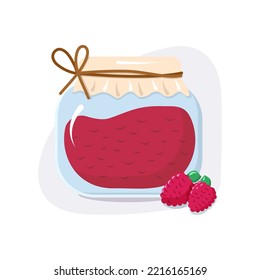 Glaskeramik mit hausgemachter Himbeermarmelade. Großmutter-Beerenmarmelade. Erhaltung. Einzelbild. Vektorgrafik