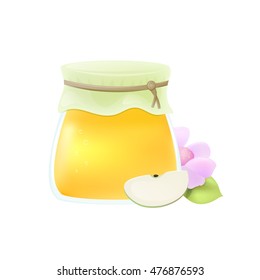 
 Glass jar with honey, apple slice and flower. Vector illustration isolated on white background.