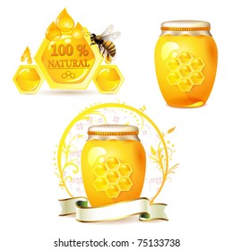 Glass jar with honey and bee isolated on white