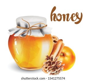 Glass jar with honey, cinnamon sticks, orange and conifer cone. Watercolor christmas vector