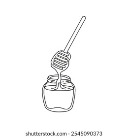 Glass jar honey with dipper and liquid dripping honey. Hand drawn doodle illustration.