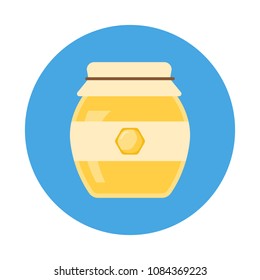 Glass jar of Honey flat icon with long shadow isolated on blue background. Simple Honey in flat style, vector illustration for web and mobile design.