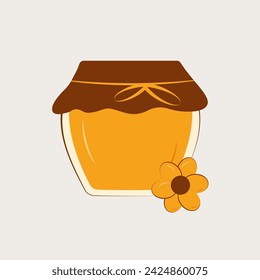 Glass jar with honey in flat style, with a flower, on a white background. Honey vector illustration, beekeeping concept, eps 10.
