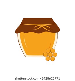Glass jar with honey in flat style, with honeycombs on white background. Flat vector illustration, beekeeping and farming concept, eps 10.