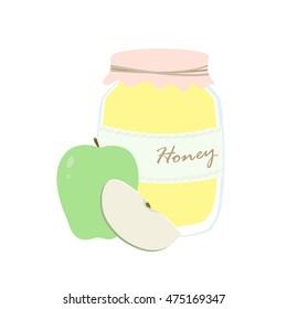 Glass jar with honey and green apple (with a slice of apple). Vector illustration isolated on white background. Flat design.