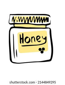 Glass jar with honey. Hand drawn design element for poster. Vetor, Illustration.