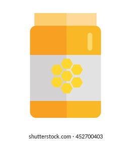 Glass jar with honey hundredth symbol. Concept vector in flat style design. Illustration for application icons, apiary logotype, food packaging, infographics. Isolated on white background. 