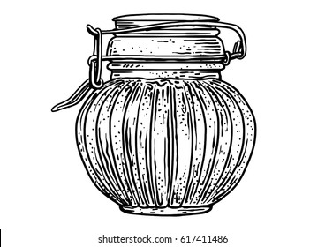 Glass, jar, honey illustration, drawing, engraving, ink, line art, vector