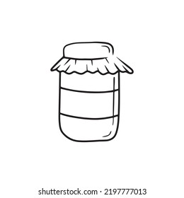 Glass jar with honey or jam sketch drawing isolated on white background. Hand drawn vector illustration in simple doodle line art. Tissue on the lid. Vintage engraving design of preservative food.