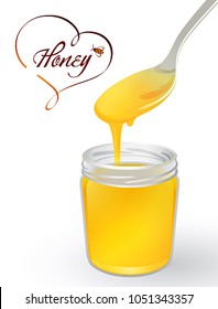 Glass jar with honey on a white background