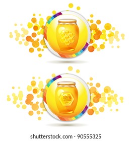 Glass jar with honey over design shape background