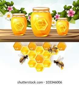 Glass jar and honey over floral background