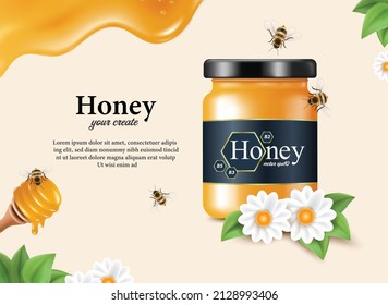 Glass jar with honey placed on a creamy white background. and there were bees swarming and flying around and with flowers laying beside them,vector 3d isolated for food advertising design