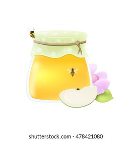 Glass jar with honey, slice of apple and two bees sitting on it. Vector illustration isolated on white background.
