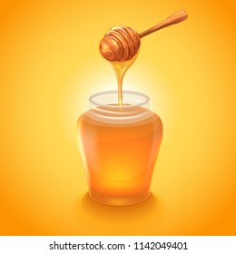 Glass jar of honey with wooden honey dipper. Graphic concept for your design