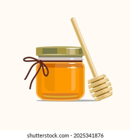 Glass jar of honey with wooden honey dipper. Vector illustration for the Jewish holiday Rosh Hashanah.