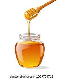 Glass jar of honey with wooden spoon 