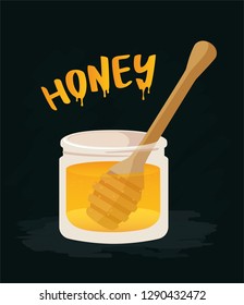 Glass jar with honey and wooden spoon. Vector illustration isolated on dark background.