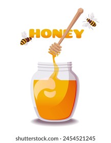 Glass jar of honey with wooden spoon