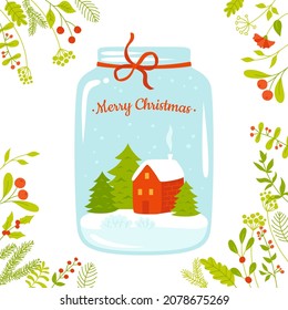 Frasco de vidrio con casa y árbol dentro de la tarjeta de Navidad. Año Nuevo y Navidad globo con nieve de invierno. Festividades celebran mágico banco brillante, dibujos animados de diseño mágico. Afiche festivo para sitio web, tarjeta de saludo