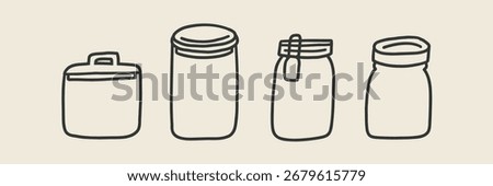 Glass Jar Icon Set. Empty Mason Bottle Jam. Doodle Vector Illustration