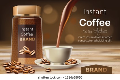 Glass jar with instant arabica coffee with roasted beans around it and a cup with liquid pouring from top. Place for text. 3D mockup product placement. Vector