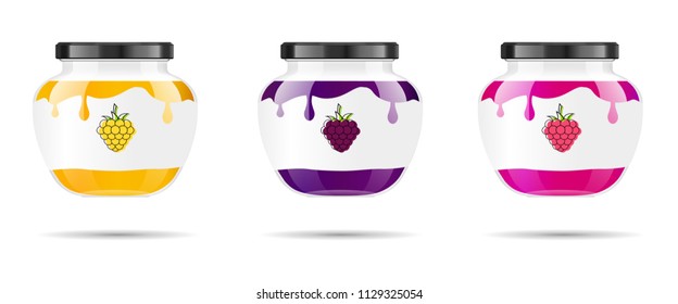 Glass jar with jam and configure with blackberry and raspberry. Vector illustration. Packaging collection. Label for jam. Bank realistic. Mock up glass jar with design label and logo