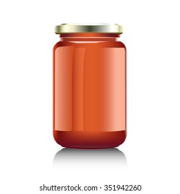 Glass Jar With With Jam, Configure Or Honey. Vector Illustration. Packaging Collection. Label For Jam. Bank Realistic. Mock Up  Mason Jar With Design Label Or Badges