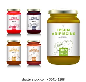 Glass Jar With With Jam, Configure Or Honey. Vector Illustration. Packaging Collection. Label For Jam. Bank Realistic. Mock Up  Mason Jar With Design Label Or Badges