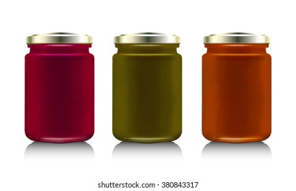 Glass jar with with jam, configure or honey. Vector illustration. Packaging collection. Jam with apple, apricot, cherry. Bank realistic. Mock up  mason jar 