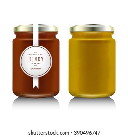 Glass jar with with jam, configure or honey. Vector illustration. Packaging collection. Label for honey. Bank realistic. Mock up  mason jar with design label or badges