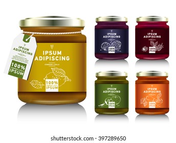 Glass Jar With With Jam, Configure Or Honey. Vector Illustration. Packaging Collection. Label For Jam. Bank Realistic With Design Tag. Mock Up  Mason Jar With Design Label Or Badges