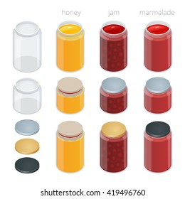 Glass jar with jam, configure or honey. Vector 3d flat isometric illustration.  Packaging collection.