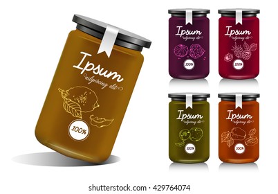 Glass jar with with jam, configure or honey. Vector illustration. Packaging collection. Label for jam. Bank realistic with design tag. Mock up mason jar with design label or badges. Fruit jelly