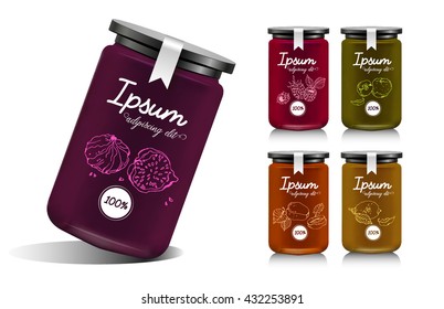Glass jar with with jam, configure or honey. Vector illustration. Packaging collection. Label for jam. Bank realistic with design tag. Mock up mason jar with design label or badges. Fruit jelly