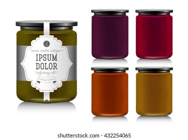 Glass Jar With With Jam, Configure Or Honey. Vector Illustration. Packaging Collection. Label For Jam. Bank Realistic With Design Tag. Mock Up Mason Jar With Design Label Or Badges. Fruit Jelly