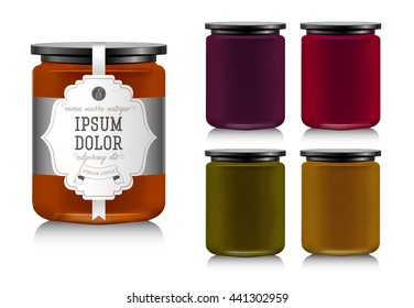 Glass jar with with jam, configure or honey. Vector illustration. Packaging collection. Label for jam. Bank realistic with design tag. Mock up mason jar with design label or badges. Fruit jelly