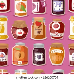 Glass jar with with jam configure or honey vector illustration packaging seamless pattern.