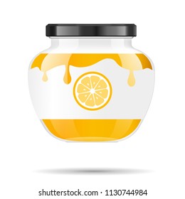 Glass jar with jam and configure with lemon. Vector illustration. Packaging collection. Label for jam. Bank realistic. Mock up glass jar with design label and logo.