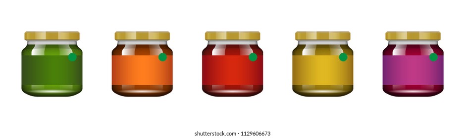 Glass jar with jam and configure. Vector illustration. Packaging collection. Label for jam. Bank realistic. Mock up glass jar without design label and logo