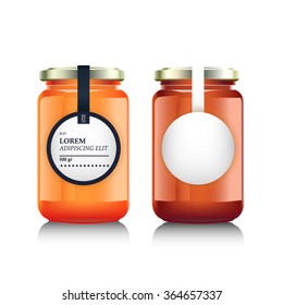 Glass Jar With With Jam, Confiture Or Honey. Vector Illustration. Packaging Collection. Label For Jam. Bank Realistic. Mock Up  Mason Jar With Design Label Or Badges