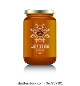 Glass jar with with jam, confiture or honey. Vector illustration. Packaging collection. Label for jam. Bank realistic. Mock up  mason jar with design label or badges